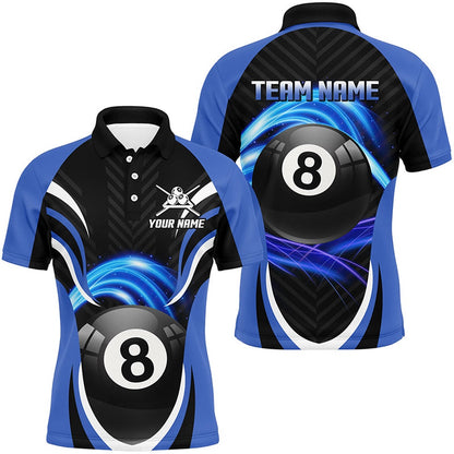 Billiard Polo Shirts, Personalized Billiard 8 Ball Blue Version Polo Shirts Custom Pool League Jerseys For Team, Billiards Team Shirts