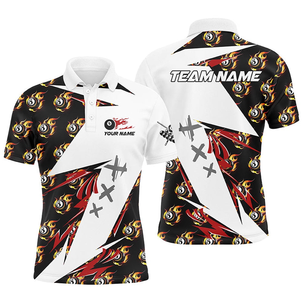 Billiard Polo Shirts, Personalized Billiard 8 Ball Fire Flame Pattern Polo Shirts Custom Team Name Billiard Jersey, Billiards Team Shirts