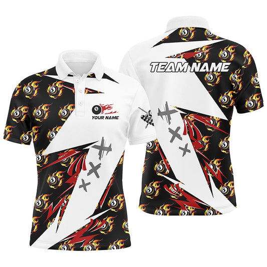 Billiard Polo Shirts, Personalized Billiard 8 Ball Fire Flame Pattern Polo Shirts Custom Team Name Billiard Jersey, Billiards Team Shirts
