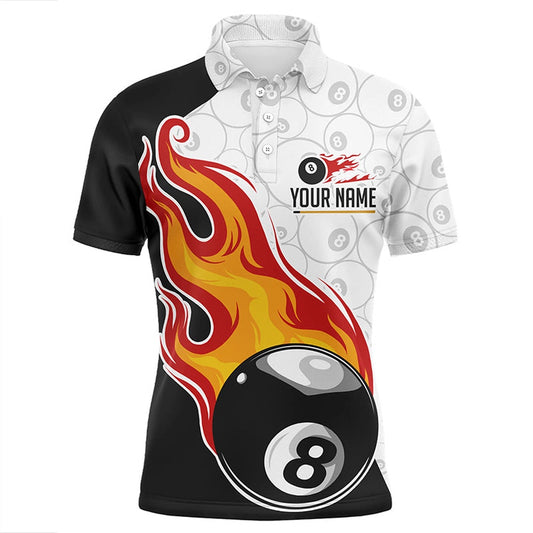 Billiard Polo Shirts, Personalized Billiard 8 Ball Fire Flame Polo Shirts, Custom 8 Ball Pattern Billiard Shirts, Billiards Team Shirts
