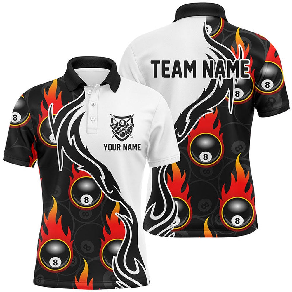 Billiard Polo Shirts, Personalized Billiard 8 Ball Flaming Pattern Polo Shirts, Custom Billiards Team Jerseys, Billiards Team Shirts