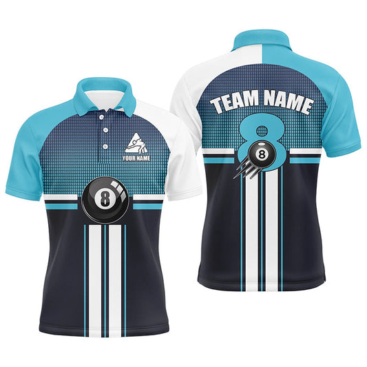Billiard Polo Shirts, Personalized Billiard 8 Ball Light Blue Gradient 3D All Over Print Billiard Polo Shirts, Billiards Team Shirts