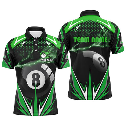 Billiard Polo Shirts, Personalized Billiard 8 Ball Pool Thunder Green Polo Shirts, Custom Billiards 3D Shirts, Billiards Team Shirts