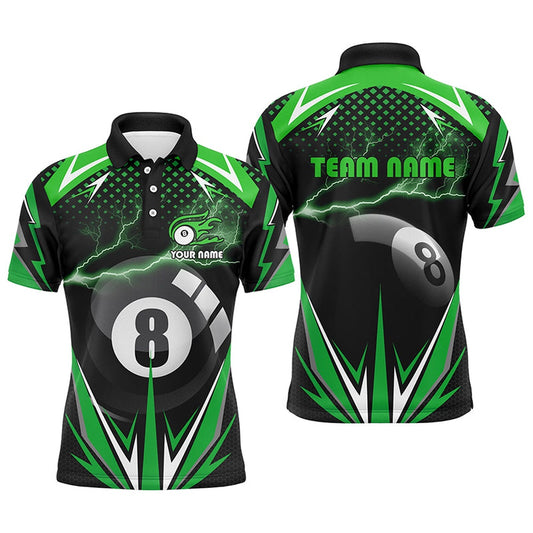 Billiard Polo Shirts, Personalized Billiard 8 Ball Pool Thunder Green Polo Shirts, Custom Billiards 3D Shirts, Billiards Team Shirts