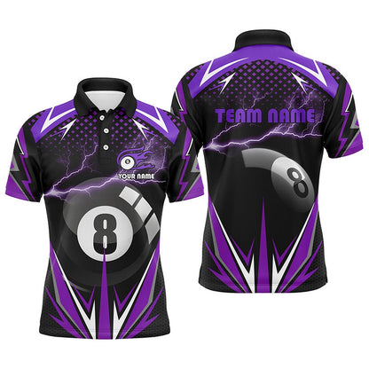 Billiard Polo Shirts, Personalized Billiard 8 Ball Pool Thunder Purple Polo Shirts, Custom Billiards 3D Shirts, Billiards Team Shirts