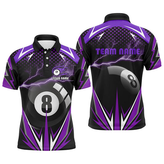 Billiard Polo Shirts, Personalized Billiard 8 Ball Pool Thunder Purple Polo Shirts, Custom Billiards 3D Shirts, Billiards Team Shirts