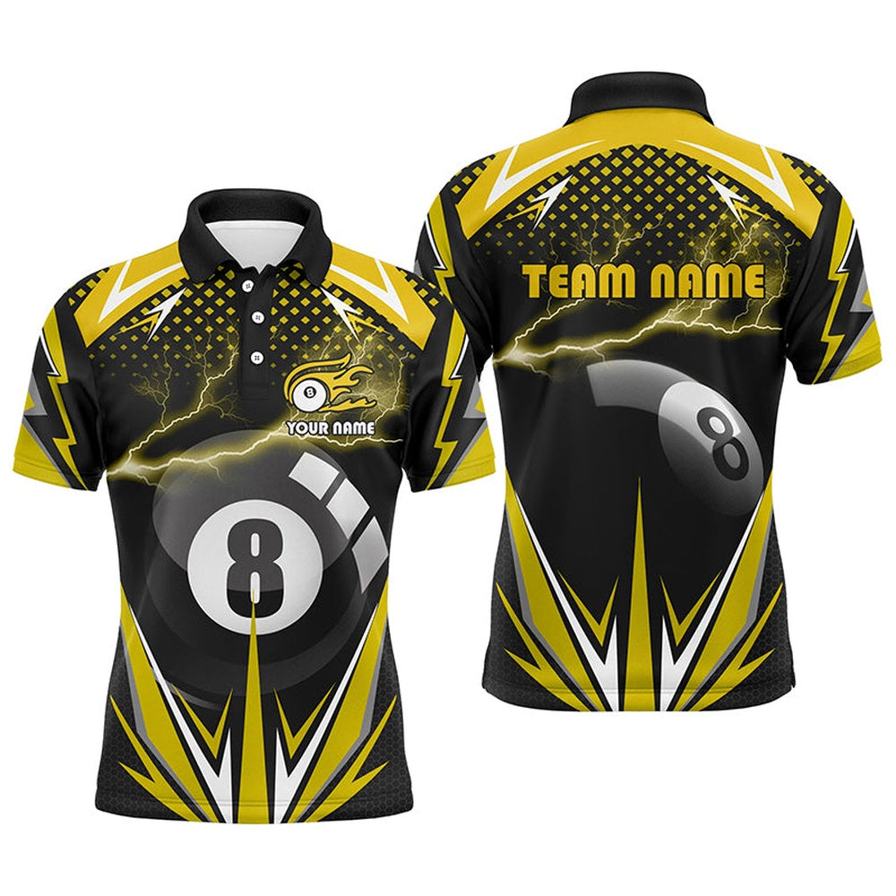Billiard Polo Shirts, Personalized Billiard 8 Ball Pool Thunder Yellow Polo Shirts, Custom Billiards 3D Shirts, Billiards Team Shirts
