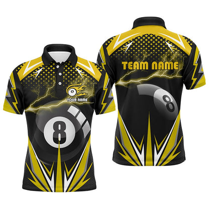 Billiard Polo Shirts, Personalized Billiard 8 Ball Pool Thunder Yellow Polo Shirts, Custom Billiards 3D Shirts, Billiards Team Shirts