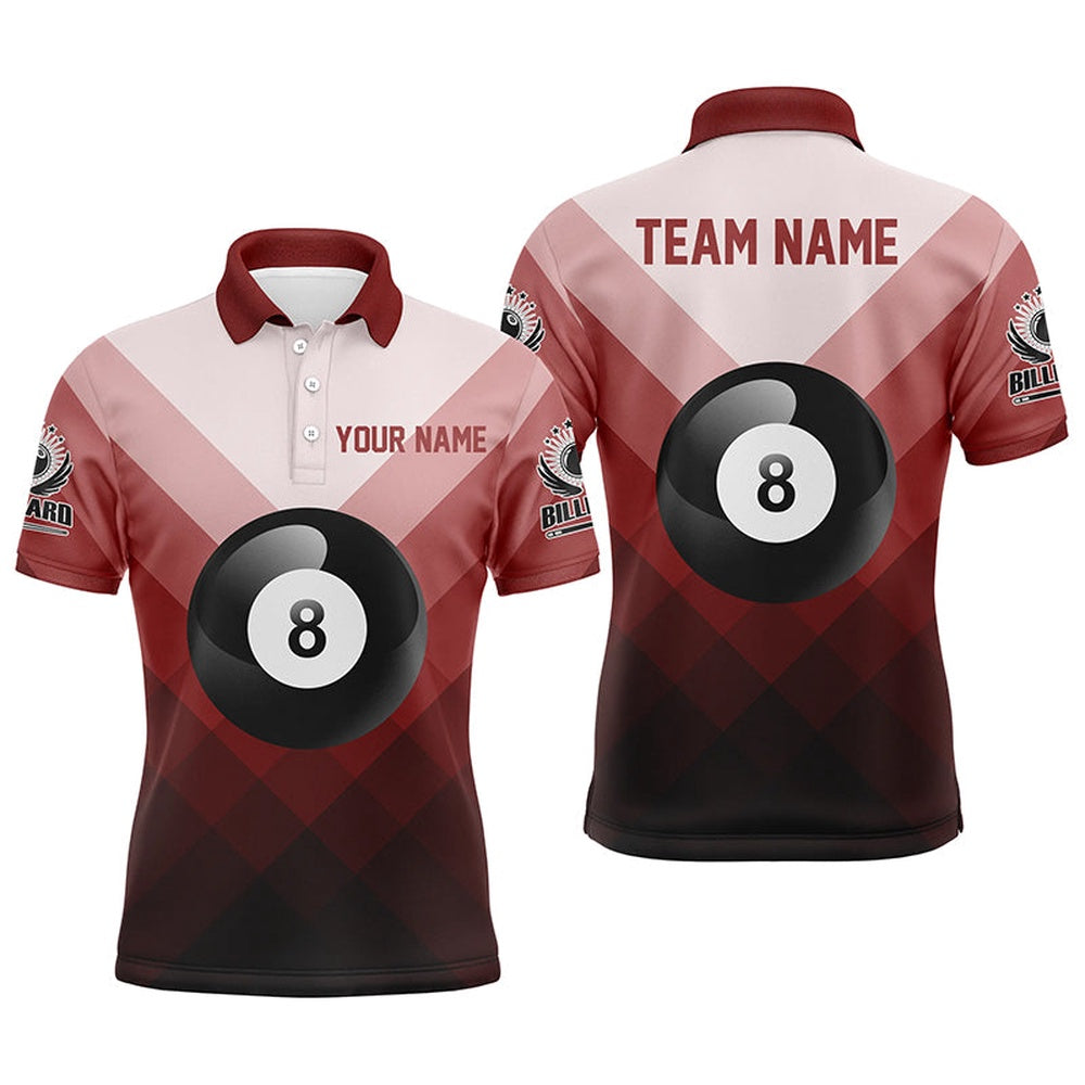 Billiard Polo Shirts, Personalized Billiard 8 Ball Red Sports Style Polo Shirts, Custom Pool Billiards Jerseys, Billiards Team Shirts