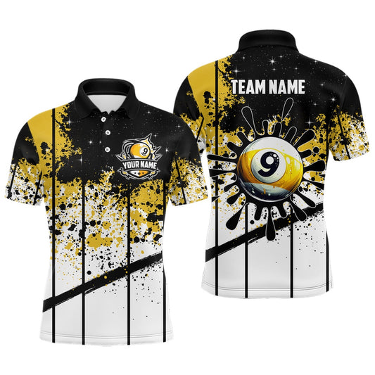 Billiard Polo Shirts, Personalized Billiard 9 Ball Grunge Style Polo Shirts, 9 Ball Pool Billiard Attire Jerseys, Billiards Team Shirts