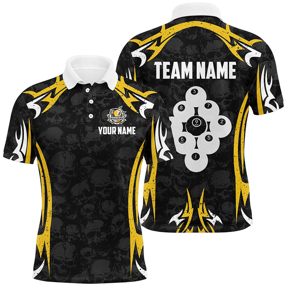 Billiard Polo Shirts, Personalized Billiard Ball 9 Skull Pattern Polo Shirts Custom Team Name 9 Ball Pool Jerseys, Billiards Team Shirts