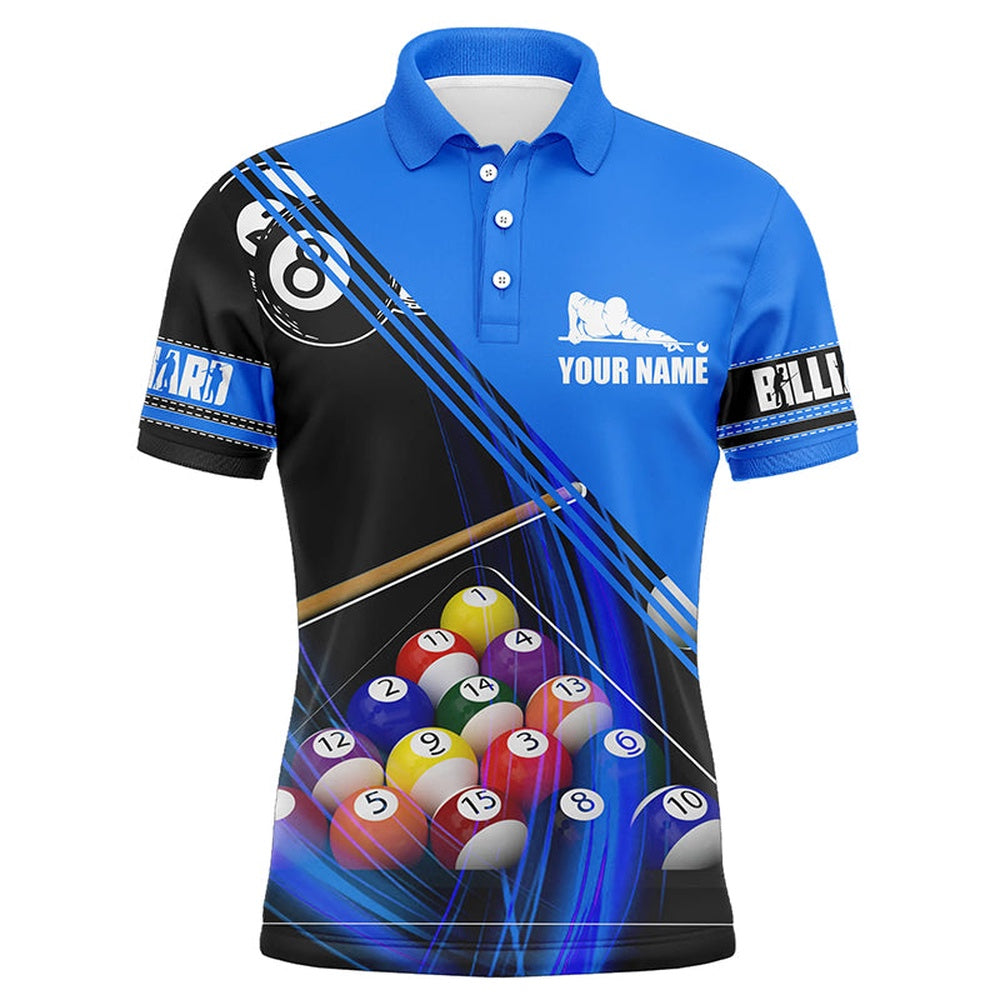 Billiard Polo Shirts, Personalized Billiard Balls 3D Polo Shirts, Blue Custom Player Billiards Pool Shirts, Billiards Team Shirts