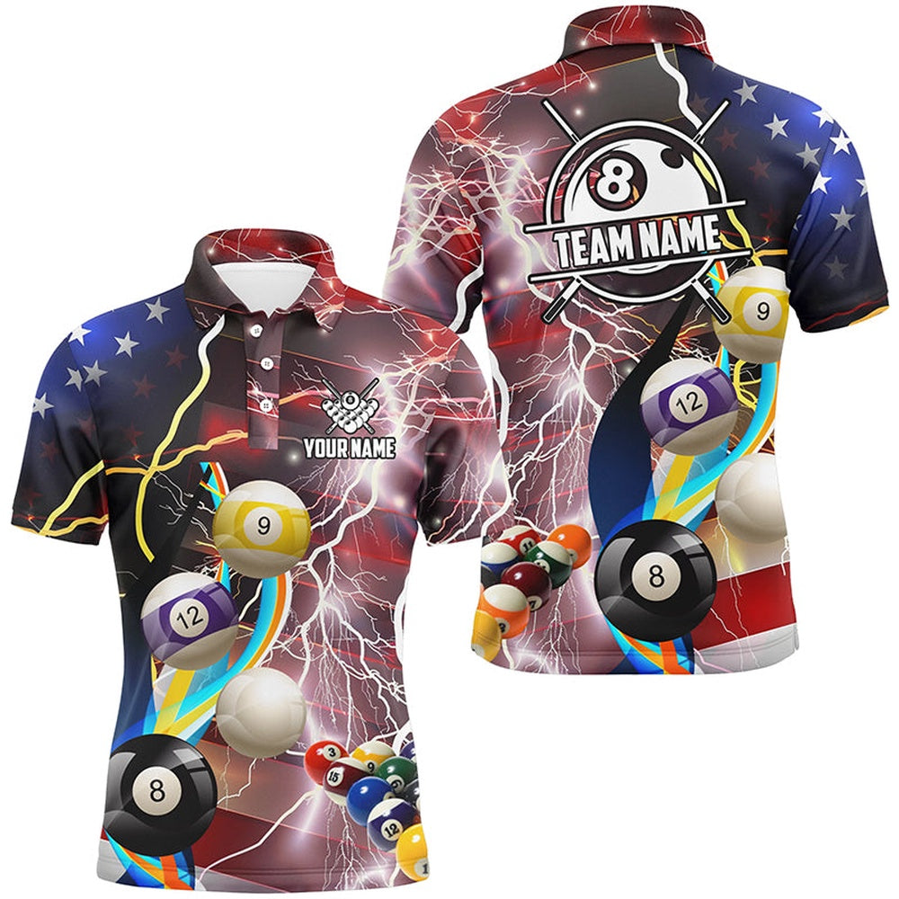 Billiard Polo Shirts, Personalized Billiard Balls American Flag Lightning Billiard Shirts, Patriotic Billiard Jerseys, Billiards Team Shirts