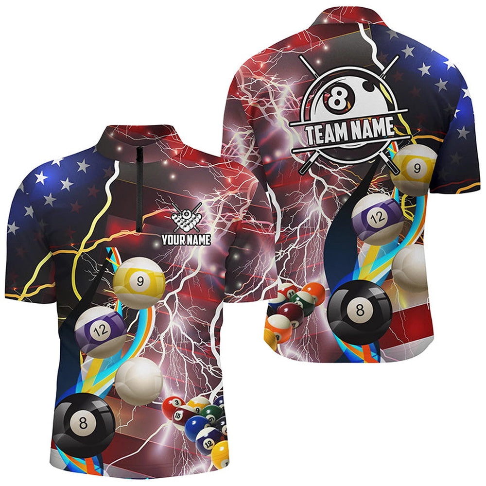 Billiard Polo Shirts, Personalized Billiard Balls American Flag Lightning Billiard Shirts, Patriotic Billiard Jerseys, Billiards Team Shirts