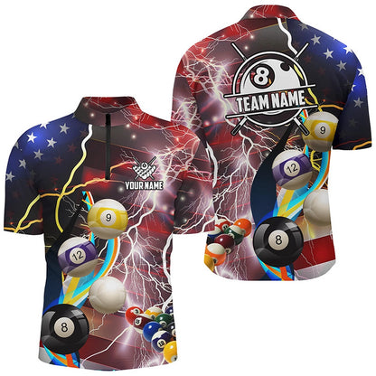 Billiard Polo Shirts, Personalized Billiard Balls American Flag Lightning Billiard Shirts, Patriotic Billiard Jerseys, Billiards Team Shirts