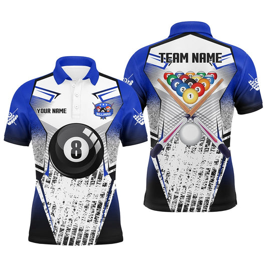 Billiard Polo Shirts, Personalized Billiard Balls And Cue Blue Grunge Style Polo Shirts Custom Billiard Jerseys Sport, Billiards Team Shirts