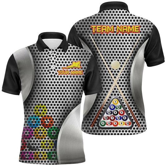 Billiard Polo Shirts, Personalized Billiard Balls Black Grey 3D Polo Shirts, Custom Name Pool Player Jerseys, Billiards Team Shirts
