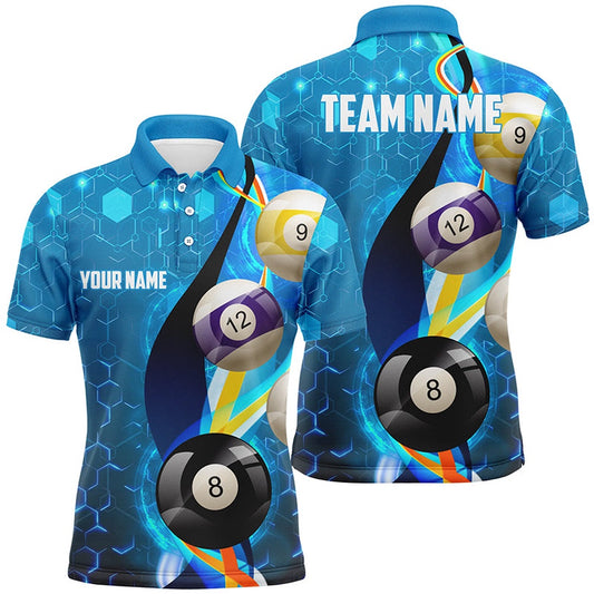 Billiard Polo Shirts, Personalized Billiard Balls Blue 3D Polo Shirts, Custom Name Pool Billiard Jerseys, Billiards Team Shirts