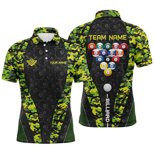 Billiard Polo Shirts, Personalized Billiard Balls Camo Pattern Polo Shirts Custom 8 Ball Team Shirts, Billiard Attire, Billiards Team Shirts