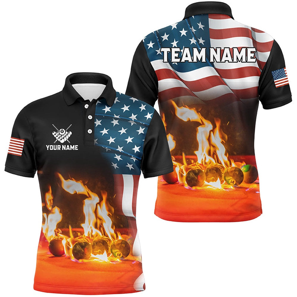 Billiard Polo Shirts, Personalized Billiard Balls Fire American Flag 3D Shirts Custom Patriotic Billiard Apparel, Billiards Team Shirts