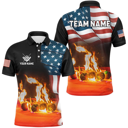 Billiard Polo Shirts, Personalized Billiard Balls Fire American Flag 3D Shirts Custom Patriotic Billiard Apparel, Billiards Team Shirts