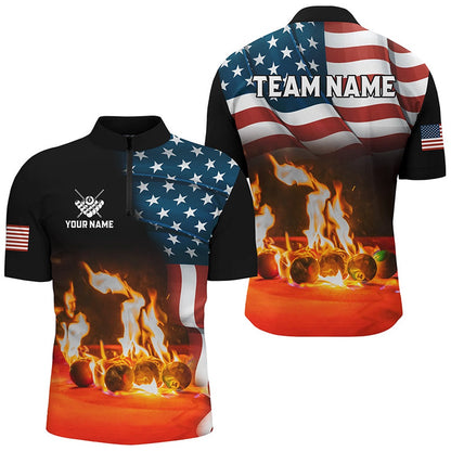 Billiard Polo Shirts, Personalized Billiard Balls Fire American Flag 3D Shirts Custom Patriotic Billiard Apparel, Billiards Team Shirts