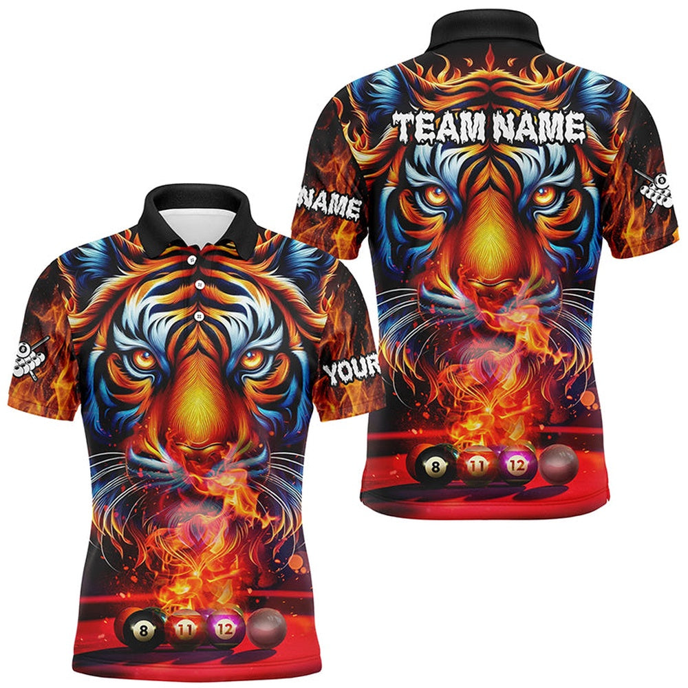 Billiard Polo Shirts, Personalized Billiard Balls Fire Tiger 3D Printed Billiard Shirts, Unique Team Billiard Jerseys, Billiards Team Shirts