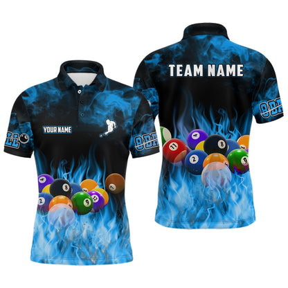 Billiard Polo Shirts, Personalized Billiard Balls Flame Billiard Blue 3D Polo Shirts, Custom 8 Ball Pool Jerseys, Billiards Team Shirts