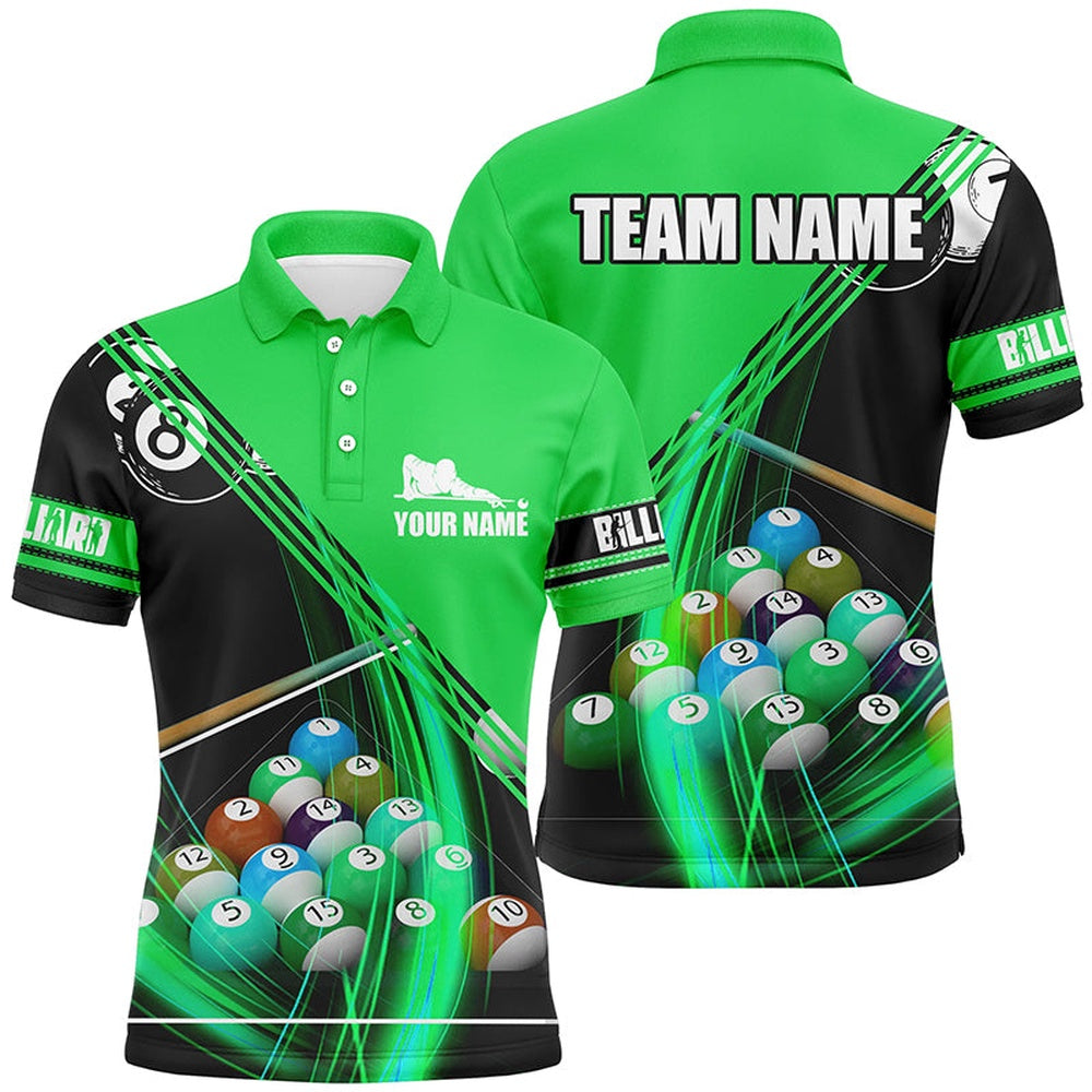 Billiard Polo Shirts, Personalized Billiard Balls Green 3D Polo Shirts, Custom Player Billiards Pool Jerseys, Billiards Team Shirts