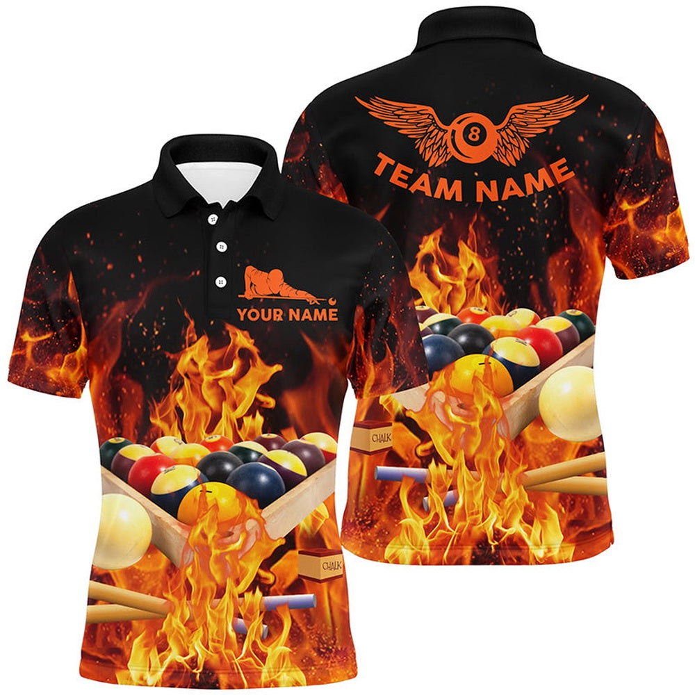 Billiard Polo Shirts, Personalized Billiard Balls In Fire Polo Shirts Custom 3D Printed 8 Ball Pool League Shirts, Billiards Team Shirts