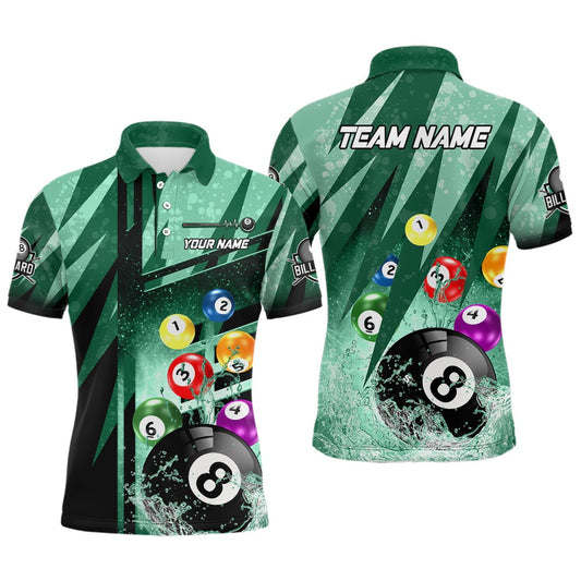Billiard Polo Shirts, Personalized Billiard Balls In Water 3D Green Polo Shirts, Custom 8 Ball Pool Team Shirts, Billiards Team Shirts