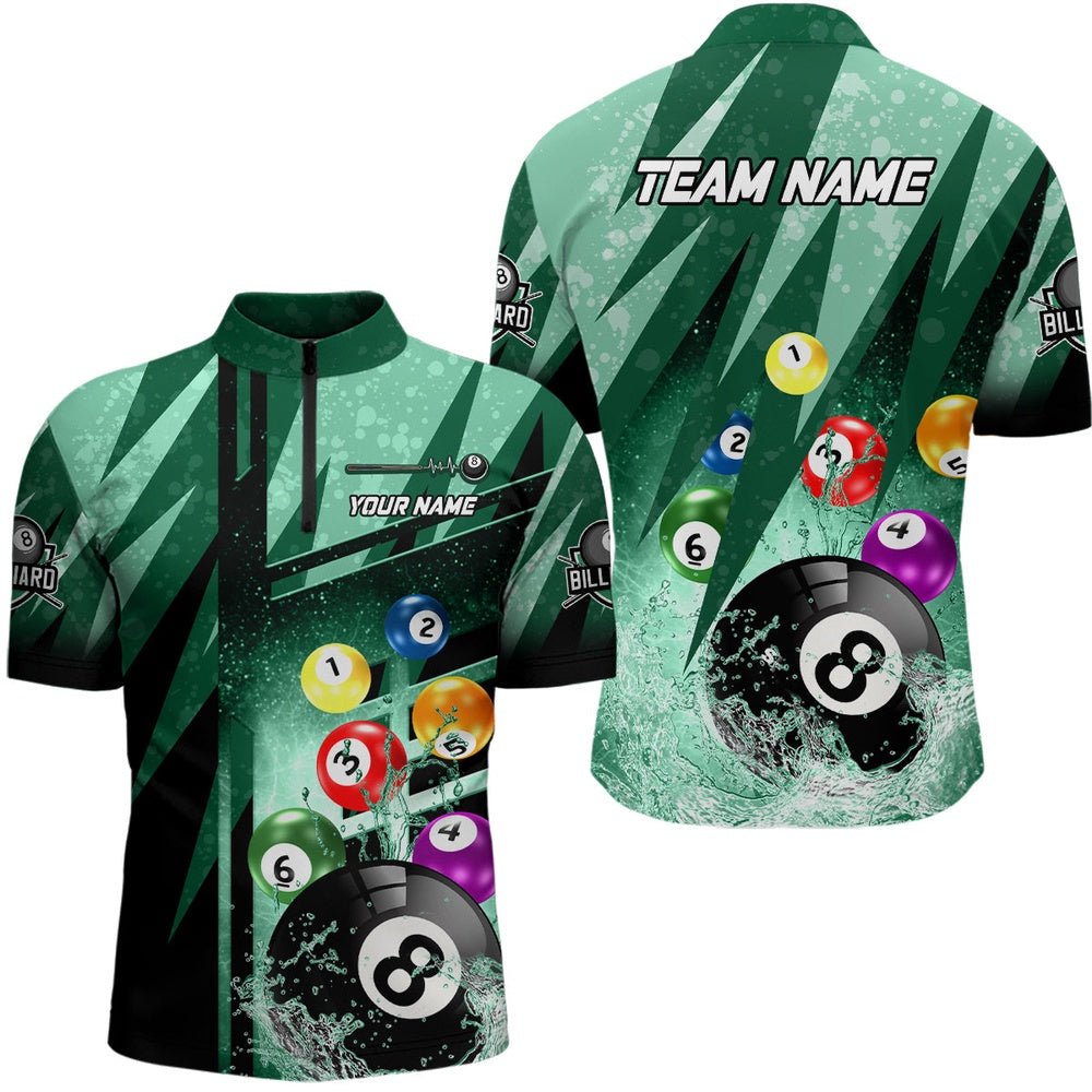 Billiard Polo Shirts, Personalized Billiard Balls In Water 3D Green Polo Shirts, Custom 8 Ball Pool Team Shirts, Billiards Team Shirts