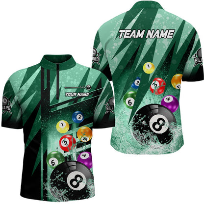 Billiard Polo Shirts, Personalized Billiard Balls In Water 3D Green Polo Shirts, Custom 8 Ball Pool Team Shirts, Billiards Team Shirts