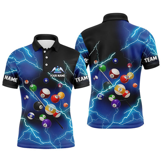 Billiard Polo Shirts, Personalized Billiard Balls Thunder Lightning Blue Version Custom Name 3D Polo Shirts, Billiards Team Shirts