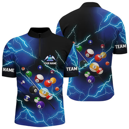 Billiard Polo Shirts, Personalized Billiard Balls Thunder Lightning Blue Version Custom Name 3D Polo Shirts, Billiards Team Shirts