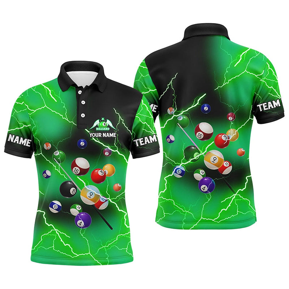 Billiard Polo Shirts, Personalized Billiard Balls Thunder Lightning Green Version Custom Name 3D Polo Shirts, Billiards Team Shirts