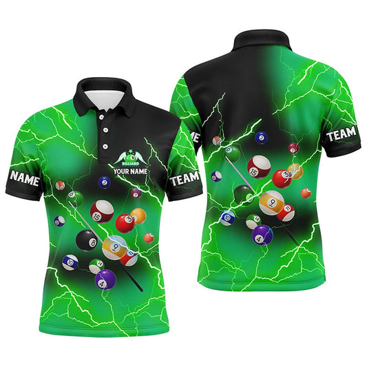Billiard Polo Shirts, Personalized Billiard Balls Thunder Lightning Green Version Custom Name 3D Polo Shirts, Billiards Team Shirts