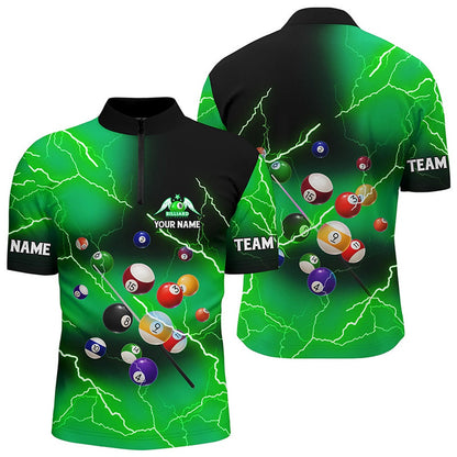 Billiard Polo Shirts, Personalized Billiard Balls Thunder Lightning Green Version Custom Name 3D Polo Shirts, Billiards Team Shirts