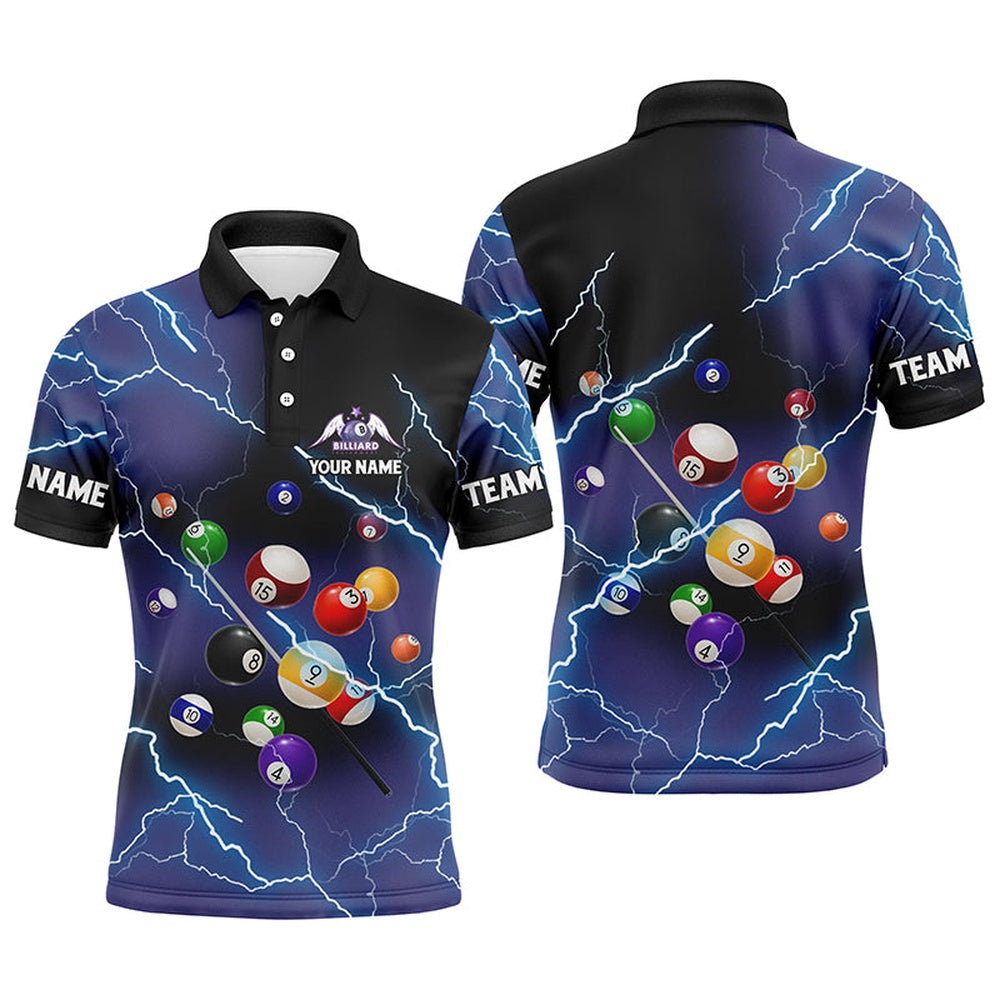 Billiard Polo Shirts, Personalized Billiard Balls Thunder Lightning Purple Version Custom Name 3D Polo Shirts, Billiards Team Shirts