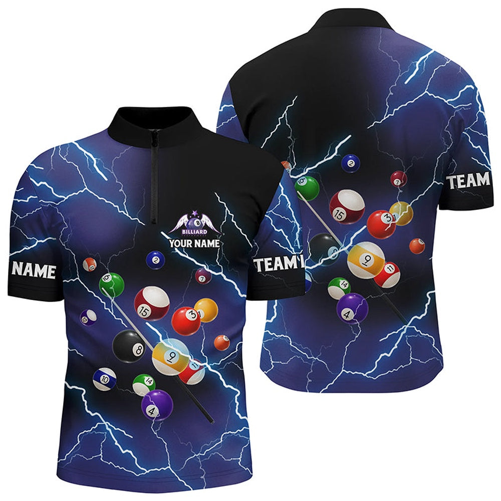 Billiard Polo Shirts, Personalized Billiard Balls Thunder Lightning Purple Version Custom Name 3D Polo Shirts, Billiards Team Shirts