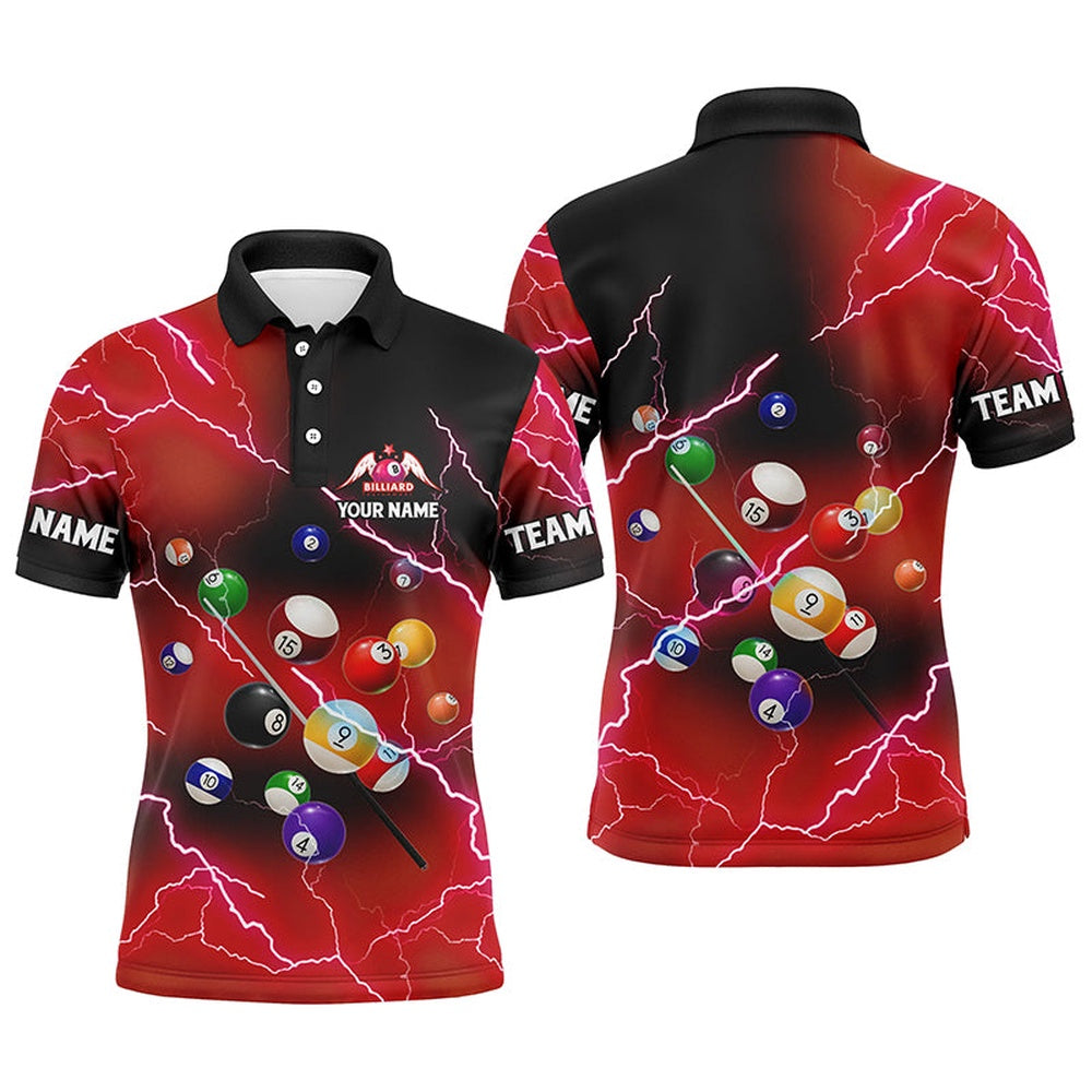Billiard Polo Shirts, Personalized Billiard Balls Thunder Lightning Red Version Custom Name 3D Polo Shirts, Billiards Team Shirts