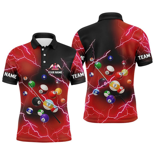 Billiard Polo Shirts, Personalized Billiard Balls Thunder Lightning Red Version Custom Name 3D Polo Shirts, Billiards Team Shirts