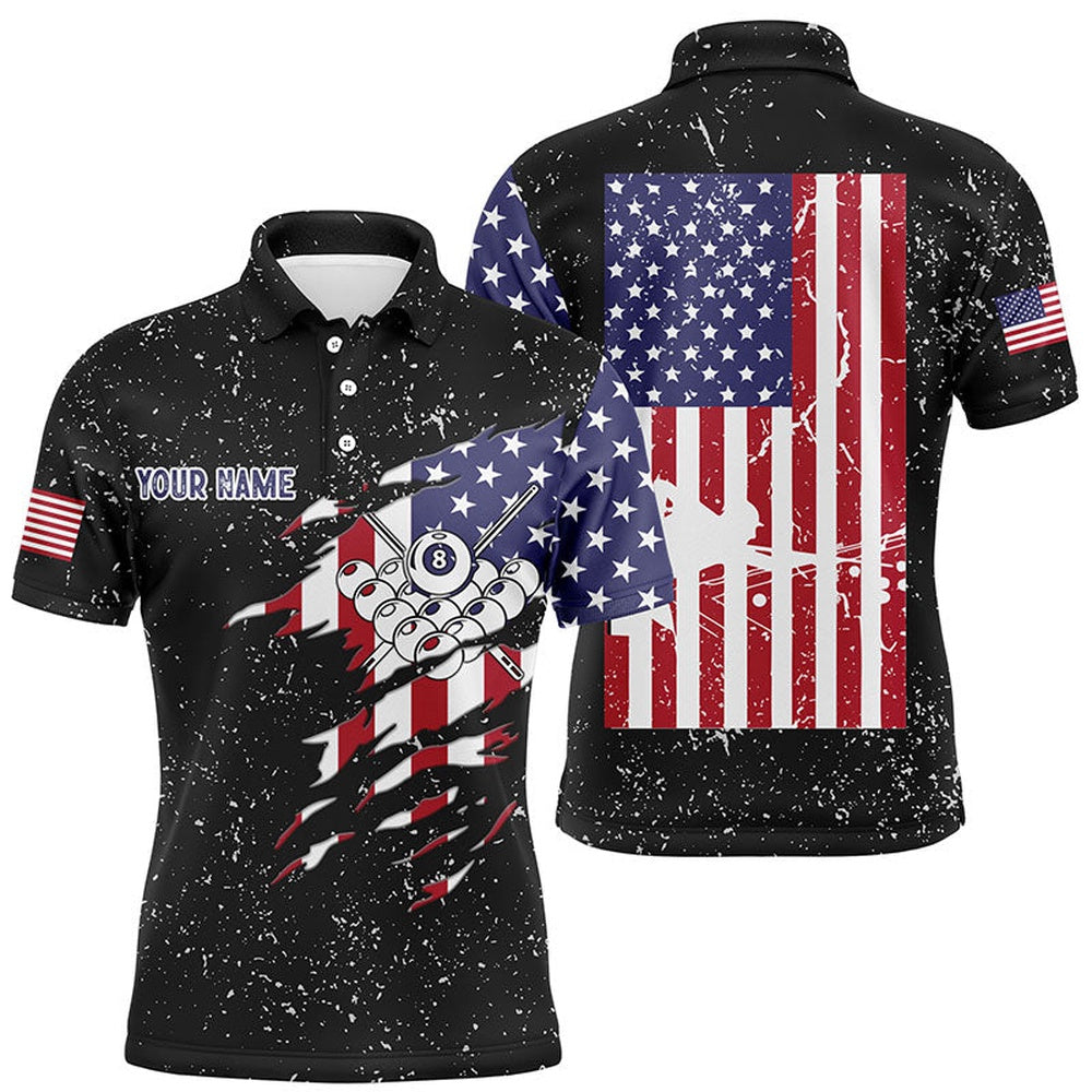 Billiard Polo Shirts, Personalized Billiard Balls US Flag Black Grunge Polo Shirts, Custom Billiard Pool Shirts, Billiards Team Shirts