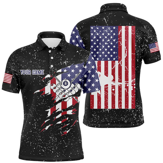 Billiard Polo Shirts, Personalized Billiard Balls US Flag Black Grunge Polo Shirts, Custom Billiard Pool Shirts, Billiards Team Shirts