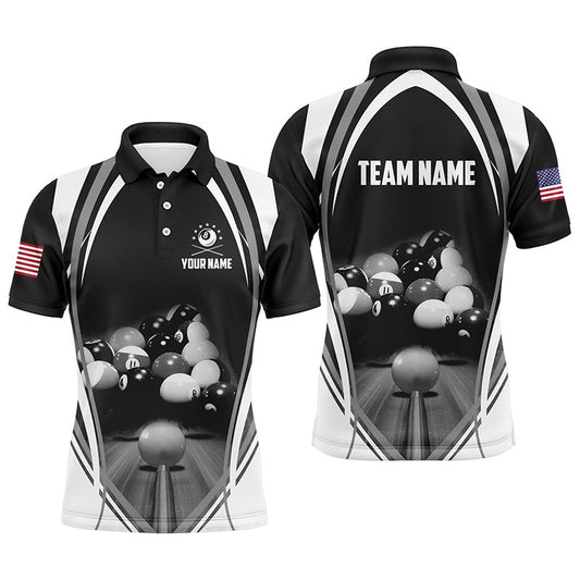 Billiard Polo Shirts, Personalized Billiard Balls US Flag Black Polo Shirts, Custom 8 Ball Billiard 3D Jerseys, Billiards Team Shirts