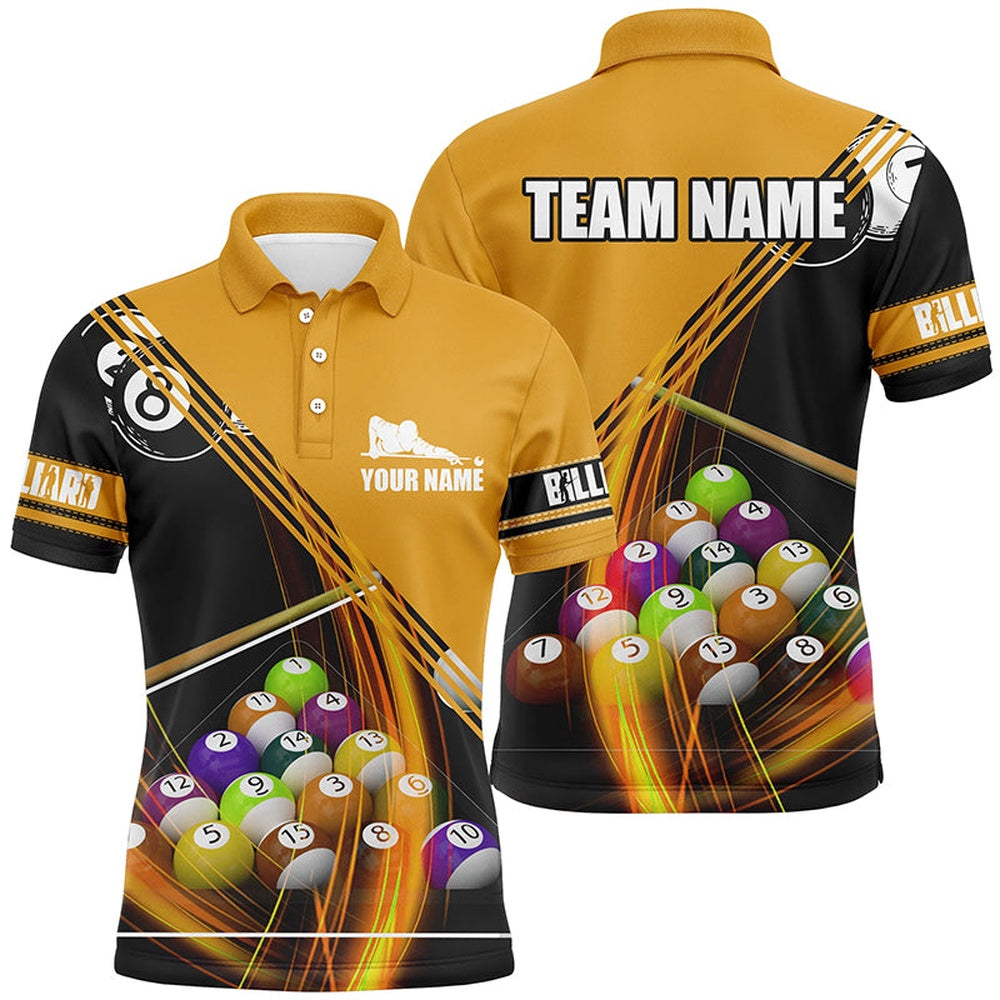 Billiard Polo Shirts, Personalized Billiard Balls Yellow 3D Polo Shirts, Custom Player Billiards Pool Jerseys, Billiards Team Shirts