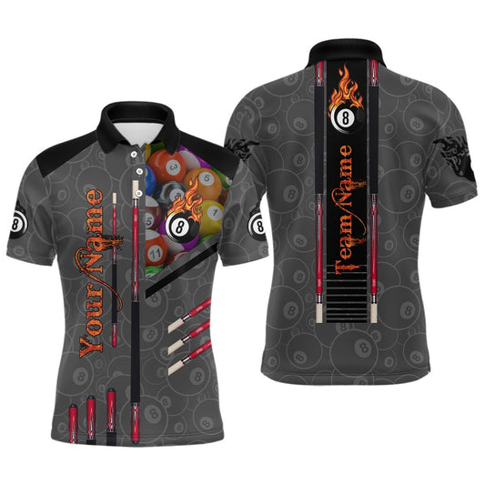 Billiard Polo Shirts, Personalized Billiard Cue 8 Ball Fire 3D Printed Polo Shirts Custom Billiard Lover Gifts, Billiards Team Shirts