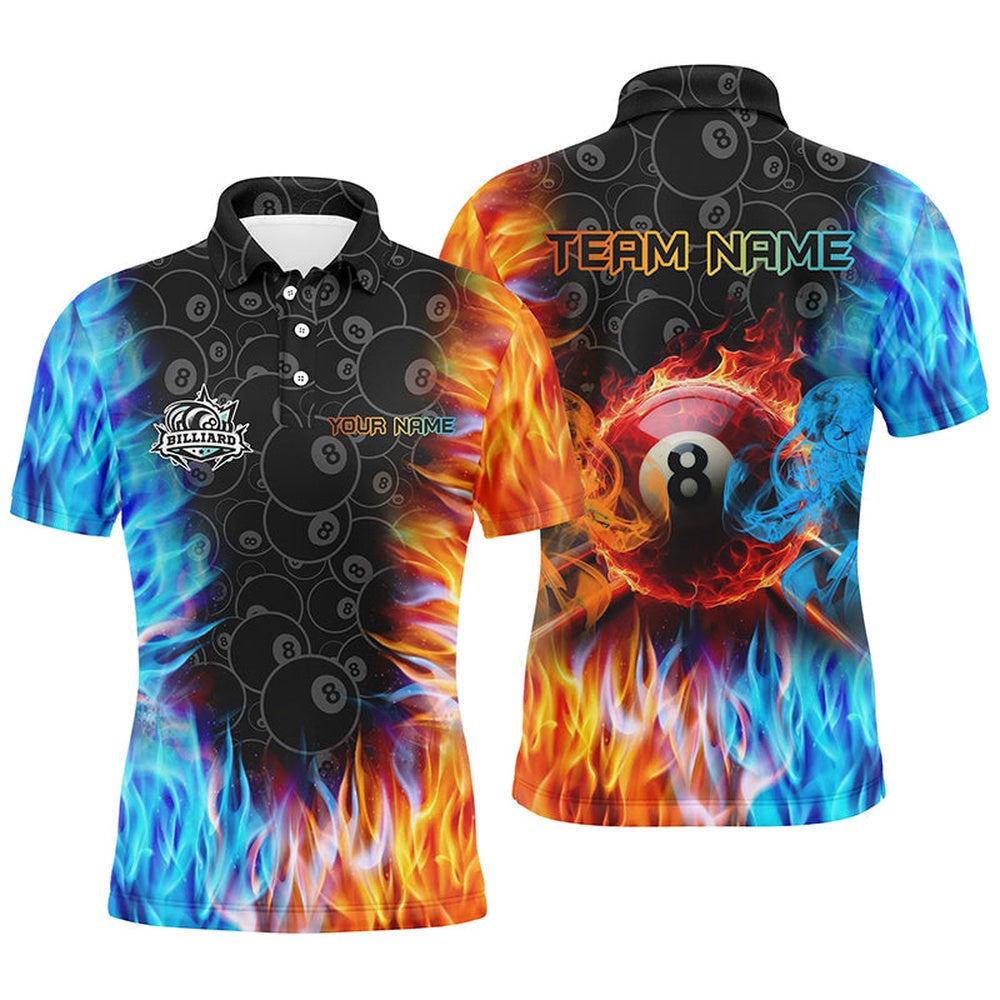 Billiard Polo Shirts, Personalized Billiard Fire And Water 3D Printed Polo Shirts Custom 8 Ball Pool Shirts For Team, Billiards Team Shirts