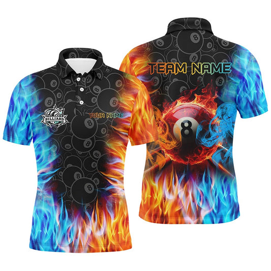 Billiard Polo Shirts, Personalized Billiard Fire And Water 3D Printed Polo Shirts Custom 8 Ball Pool Shirts For Team, Billiards Team Shirts