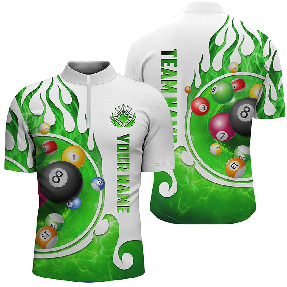 Billiard Polo Shirts, Personalized Billiard Fire Polo Shirts Custom Name Billiard Shirt Design Green, Billiards Team Shirts